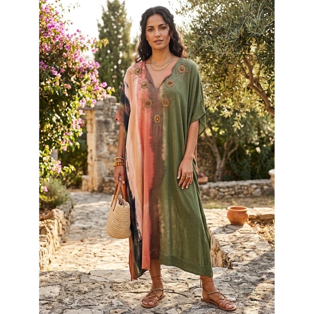 Soft Surroundings Tie Dye Beaded Kaftan Dress Green Orange OS NWT